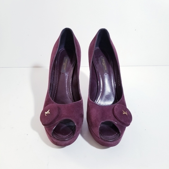 LOUIS VUITTON Chelsea Open Toe Aubergine Suede Leather Pumps 37 US 7 - Picture 8 of 16